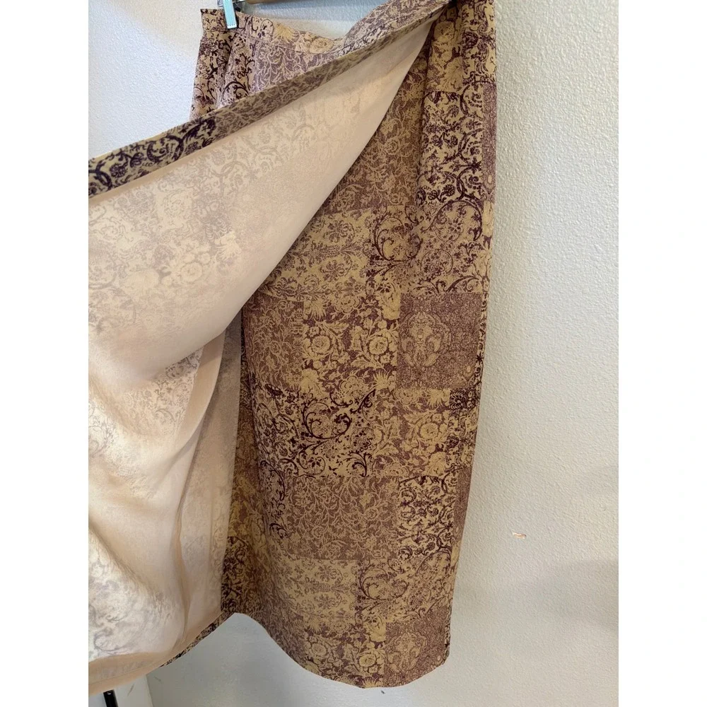 Talbots Silk Maxi Skirt Women 14 Tan Purple Damask Patchwork Print Lined Vintage